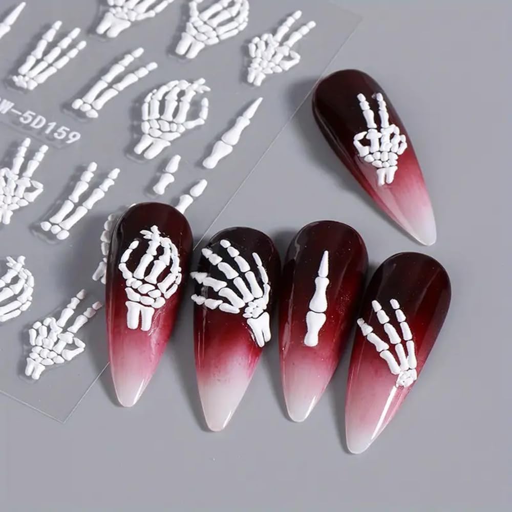 Halloween Nail Art Stickers Decals 3PCS Skeleton Nail Decals 5D Embossed Skull Nail Stickers White Hand Bones Finger Skeleton Halloween Nail Art Supplies Self-Adhesive Manicure Decorations