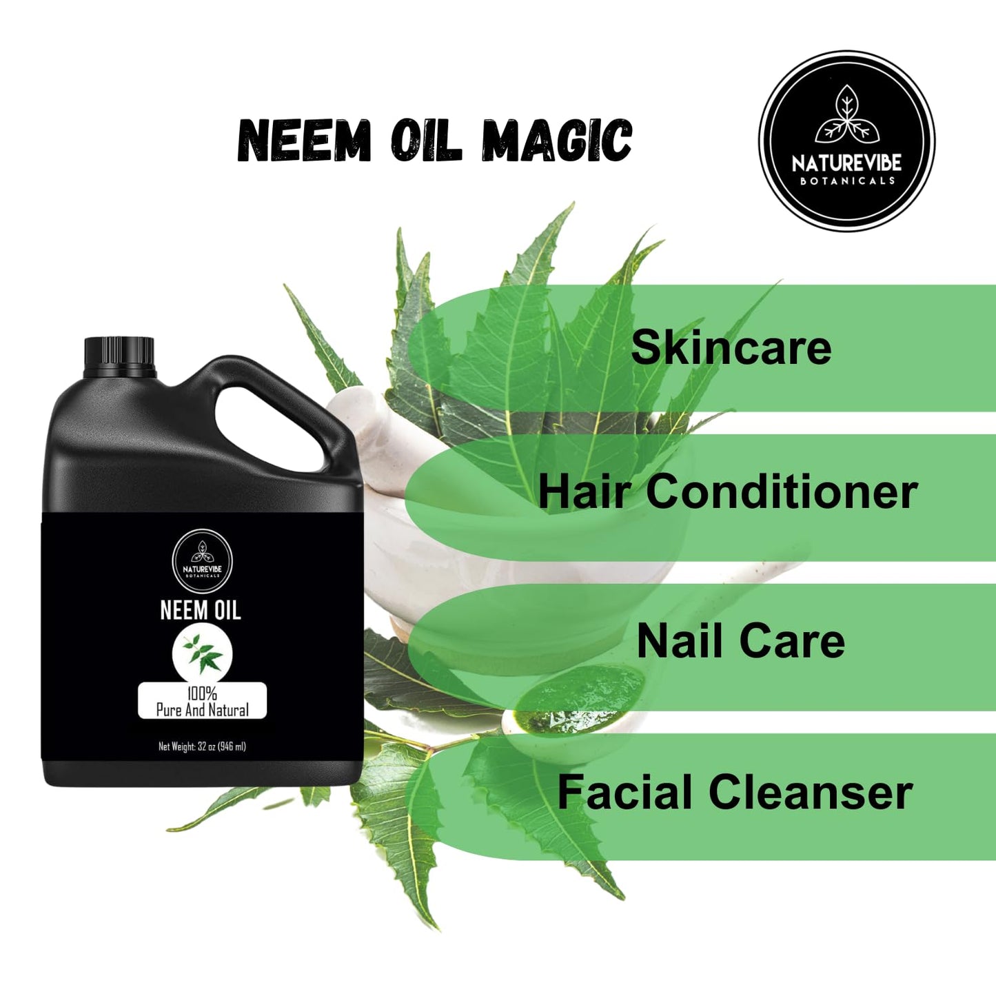 Naturevibe Botanicals Neem Oil 32 Ounces | 100% Pure and Natural | Great for Skin Care and Hair Care