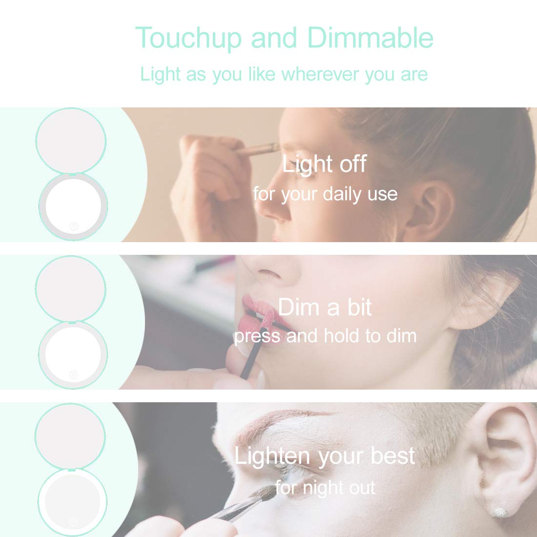 Compact Mirror with LED Light,1x/10x Magnifying Rechargeable Mirror,3.5in, Dimmable Travel Mirror for Purse,Pocket,Handheld 2-Sided Makeup Mirror