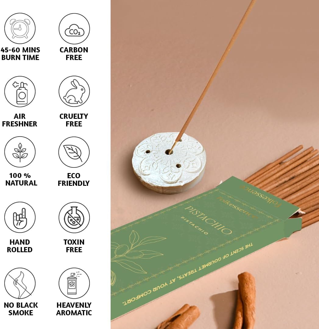 Folkulture Incense Sticks | Set of 100 Insence-Sticks with Holder for Relaxation | Pistachio Fragrance Incense | Organic, Slow Burning & Non Toxic Inscents for Meditation | Dessert Inspired