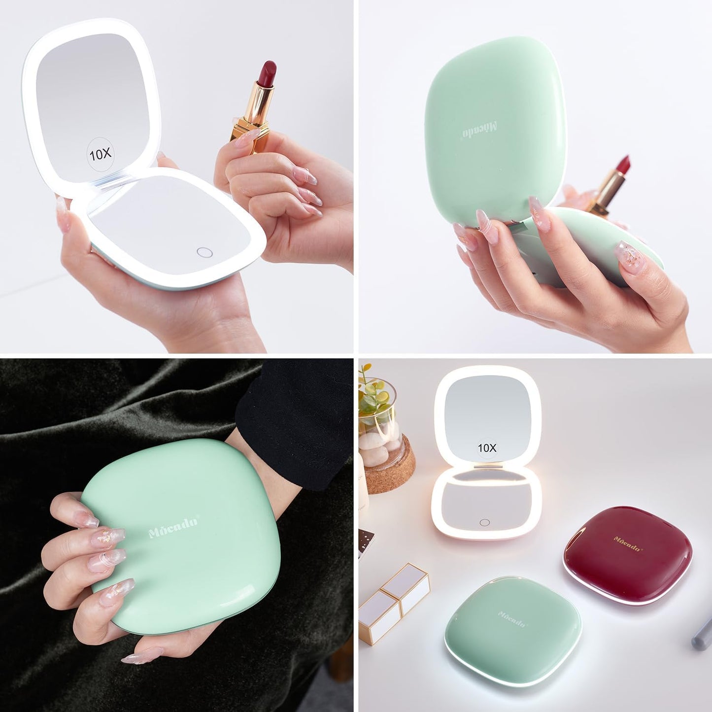 Mocado Compact LED Travel Makeup Mirror - 4 Inches 1X/10X Magnification Travel Mirror with Light Dimmable Double Sides Lighted USB Rechargeable Compact Mirror for Purse,Pocket,Travel(Powdery Green)