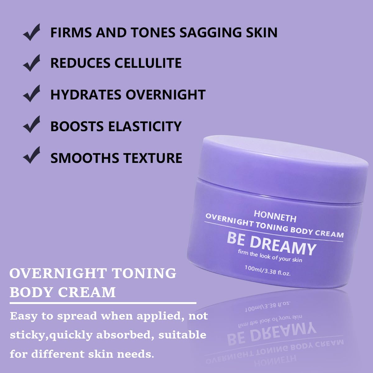 Honneth BE-DREAMY Overnight Toning Whip Body Firming Cream for Legs, Stomach, Arms, with Milk Thistle & Passion Fruit Seed Oil, Targets Loose Skin, 3.38 oz