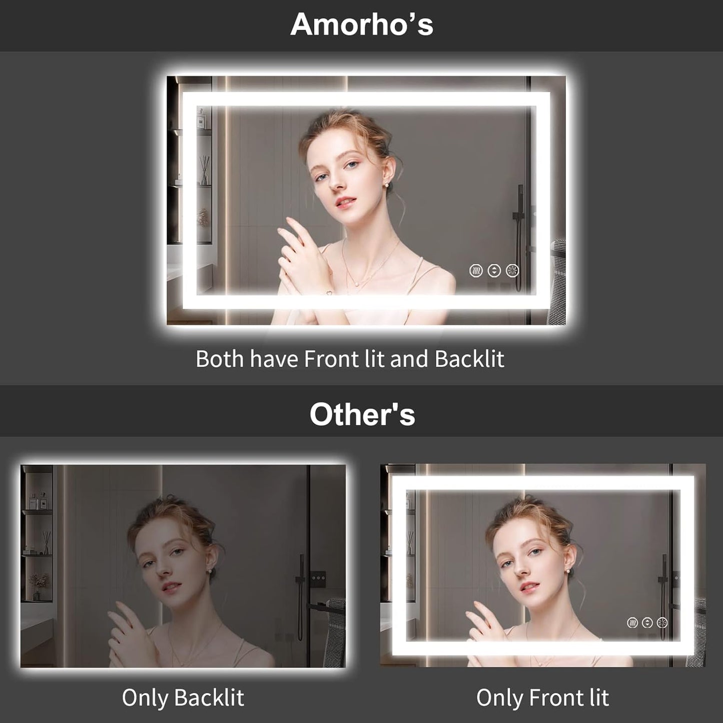 Amorho LED Bathroom Mirror 48'' X30'' with Front and Backlit, Stepless Dimmable Wall Mirrors with Anti-Fog, Shatter-Proof, Memory, 3 Colors, Double LED Vanity Mirror (Horizontal/Vertical)