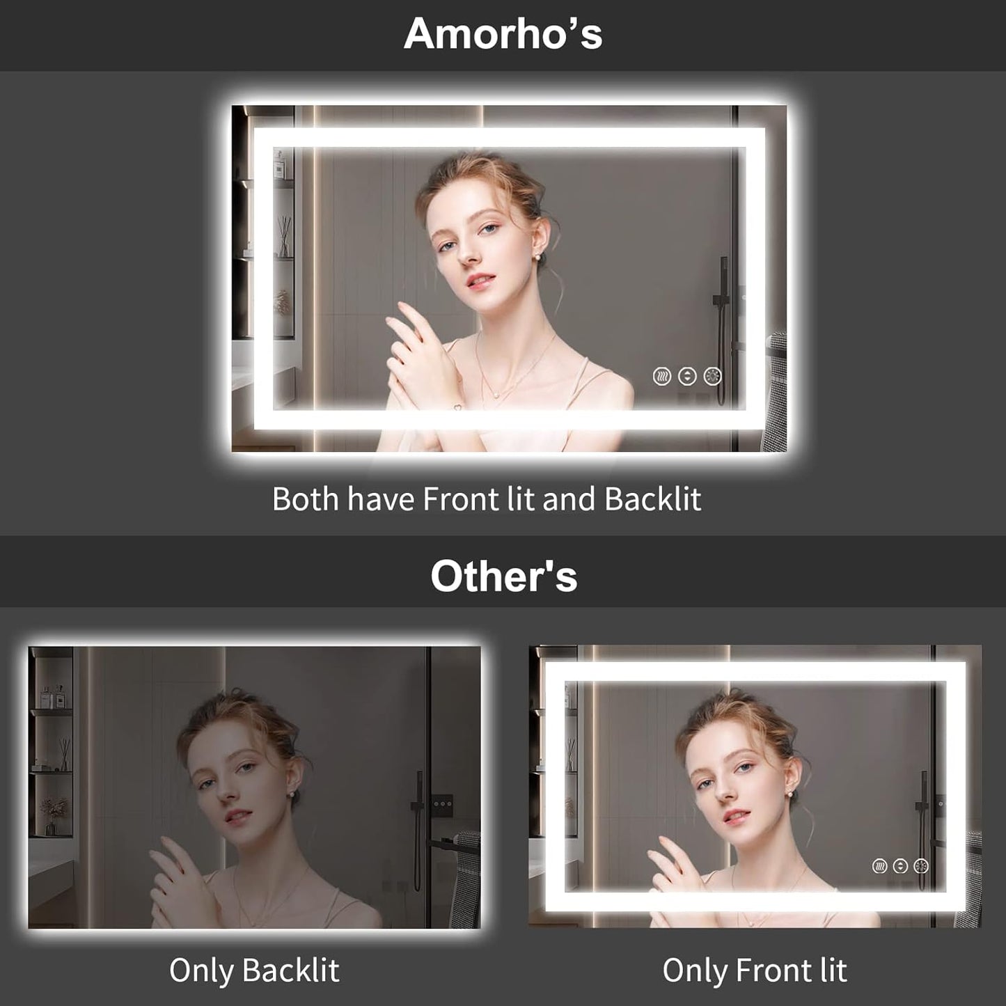 Amorho LED Bathroom Mirror 32"x 32" with Front and Backlight, Stepless Dimmable Wall Mirrors with Anti-Fog, Shatter-Proof, Memory, 3 Colors, Double LED Vanity Mirror(Horizontal/Vertical)