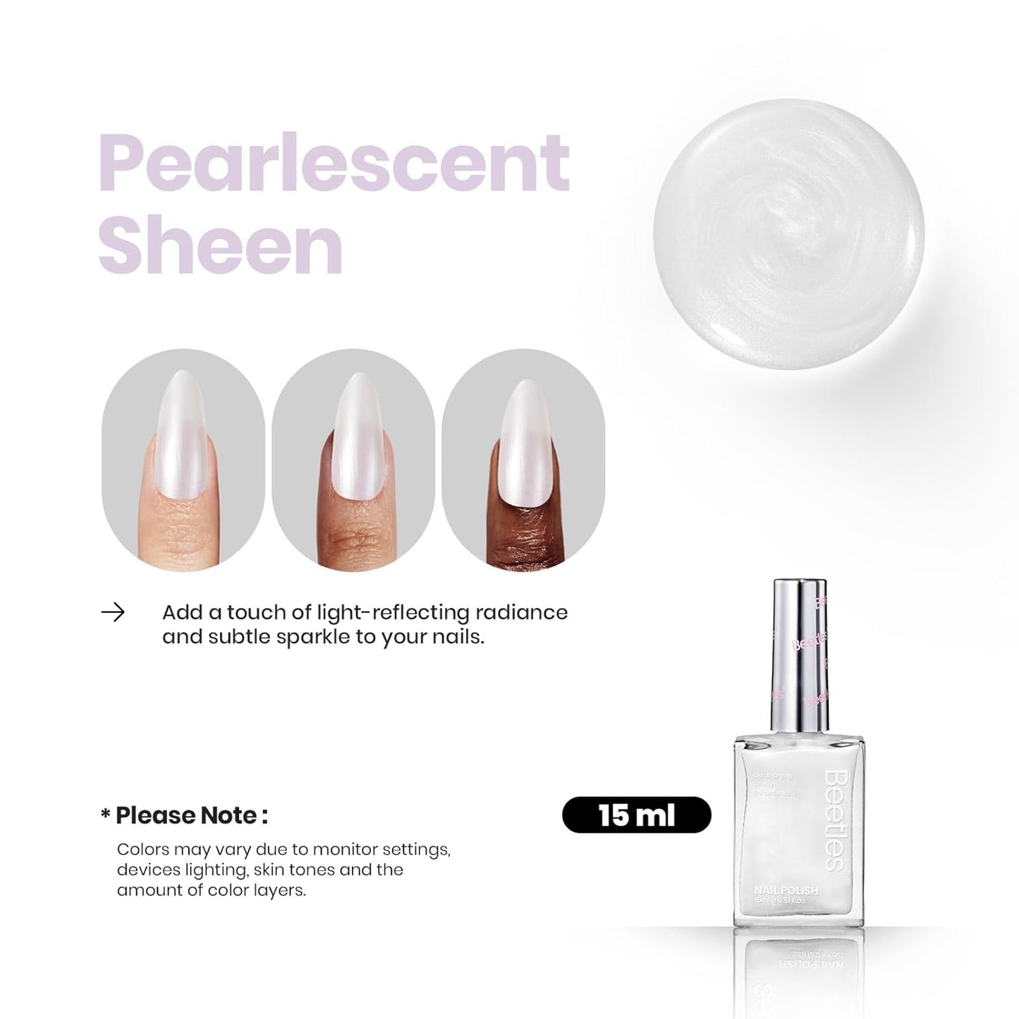 Beetles 2 in 1 Nail Strengthener Polish 1Pcs 15ml Pearl White Nail Polish-Fast Drying & Long Lasting Nail Polish Pearlescent Sheen Nail Lacquer Shimmer Art Effect for Nail Salon-Quality Results