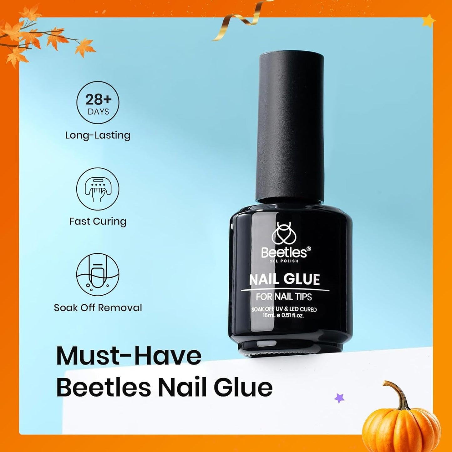 Beetles 15ml Gel Nail Glue 9 in 1 for Acrylic Nails Tips and Clear Press on Nails, Long Lasting Extension Glue, Base Coat, Blooming Art Gel, Fall Halloween Nails, U V Light Cured
