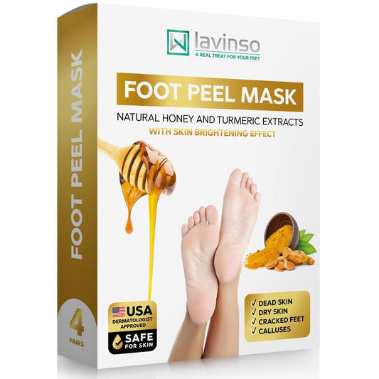 Lavinso Honey Feet Peeling Mask for Dry Cracked Feet - 4 Pack - with Kojic Acid Skin Brightening Effect - Exfoliating Dead Skin and Calluses - Foot Peel Mask for Baby Soft Feet