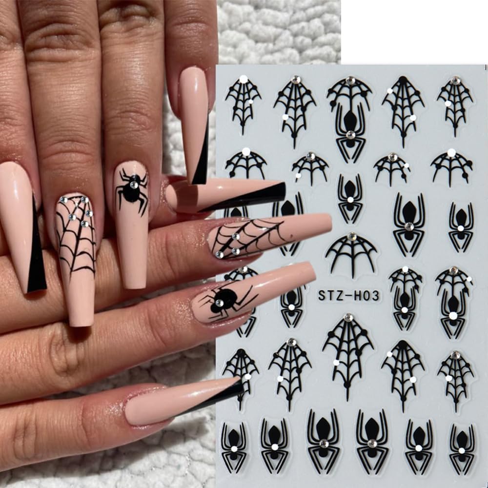 3 Sheets Halloween Nail Art Stickers Black Spider Nail Stickers for Nail Art 3D Self-Adhesive Black Spider Web with Diamond Design Halloween Nail Charms Goth Decorations for Women DIY