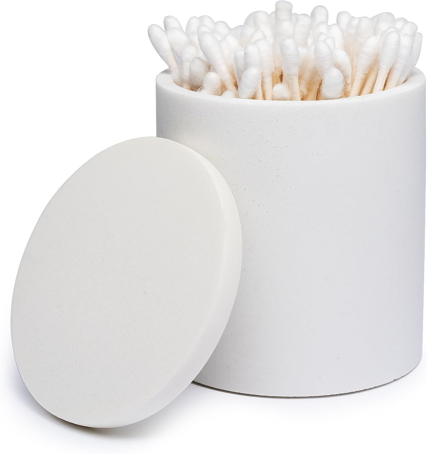Cotton Swab Holder Bathroom Organizer – Bathroom Canisters with Lids Cotton Pad Holder for Countertop, Vanity – Luxury Apothecary Jars with Lids Hold Swabs, Makeup Pads (White)