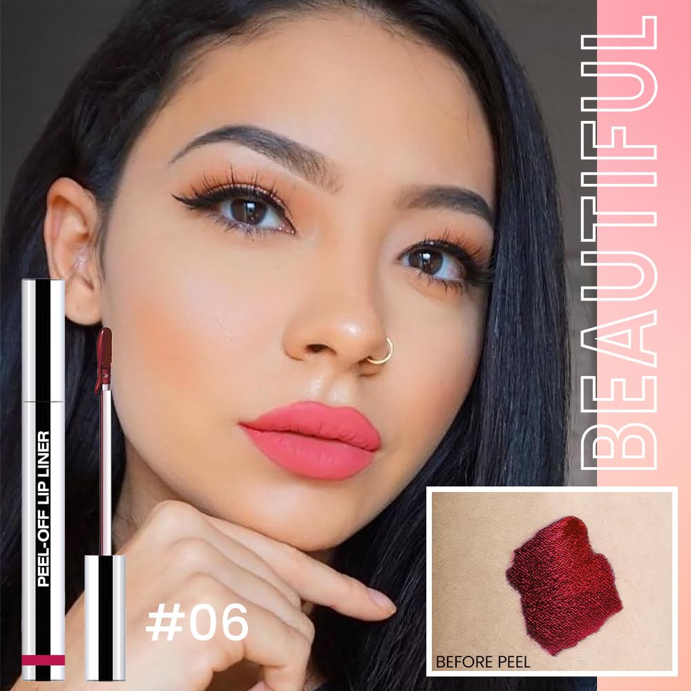 Peel Off Matte Liquid Lip Gloss Stain-Lip Liner with Tweezer, Pinkish Red Peel Off Lip Stain, Long Lasting & Waterproof Lipstick Tattoo, Transfer-Proof Lip Gloss for All Skin Types (06#, 1Pcs)