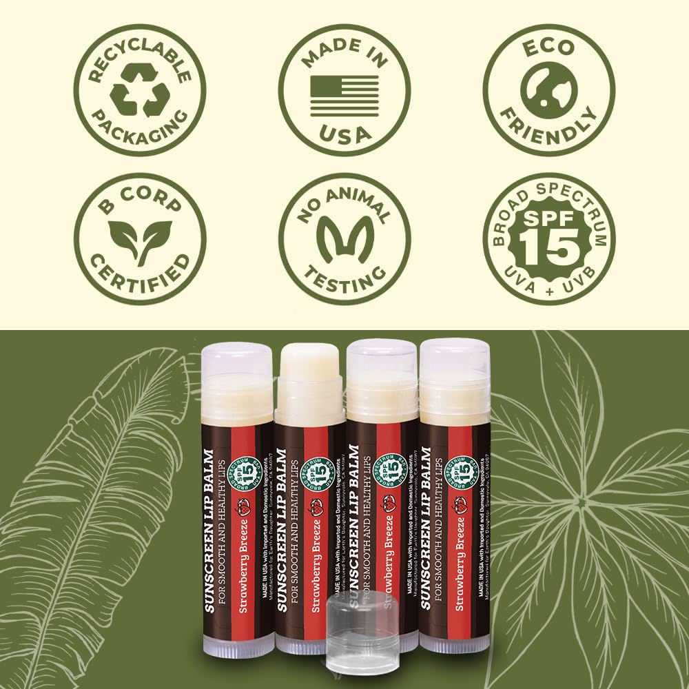 Earth's Daughter SPF Lip Balm 4-Pack Strawberry Flavor - Lip Sunscreen, SPF 15, Organic Ingredients, Beeswax, Coconut Oil, Vitamin E - Hypoallergenic, Paraben Free, Gluten Free