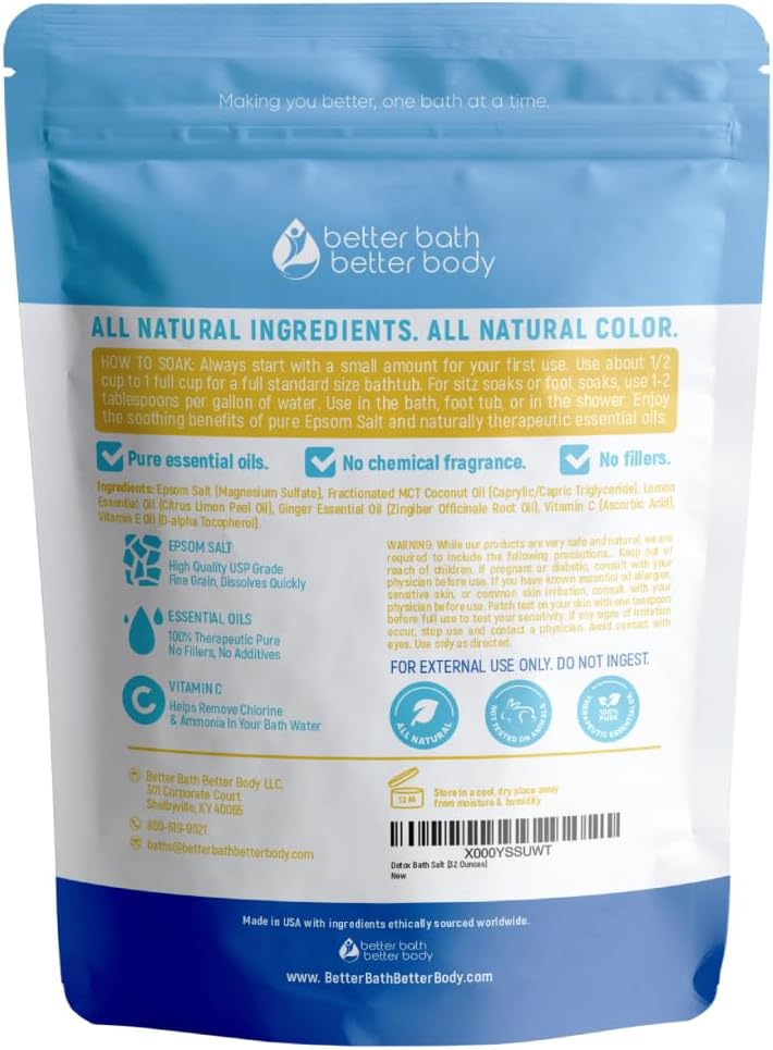 Detox Bath Salt 32 Ounces Epsom Salt with Natural Ginger and Lemon Essential Oils Plus Vitamin C in BPA Free Pouch with Easy Press-Lock Seal