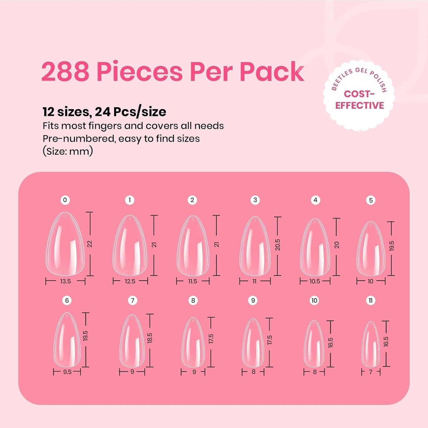 Beetles Gel Short Almond Nail Tips, 288Pcs Pre-Shape Clear Short Almond Gel Press On Nail Fake Nails Easy Nail Extension Full Cover False Nails for Gel Nail Polish Gelly Tips DIY Nail Salon