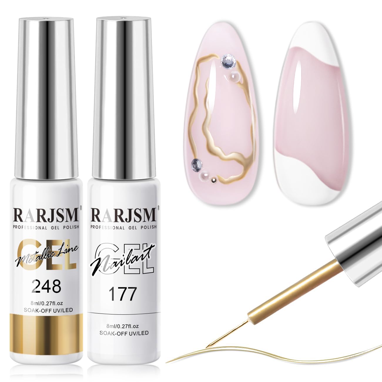 RARJSM Nail Art Gel Liner Metallic Bronze Gold and White 2pcs Set Mirror Chrome 3D Effect Gel Nail Polish 8ml Build in Thin Brush Swirl Drawing Stripper Gelpolish Curing Requires for Home Salon