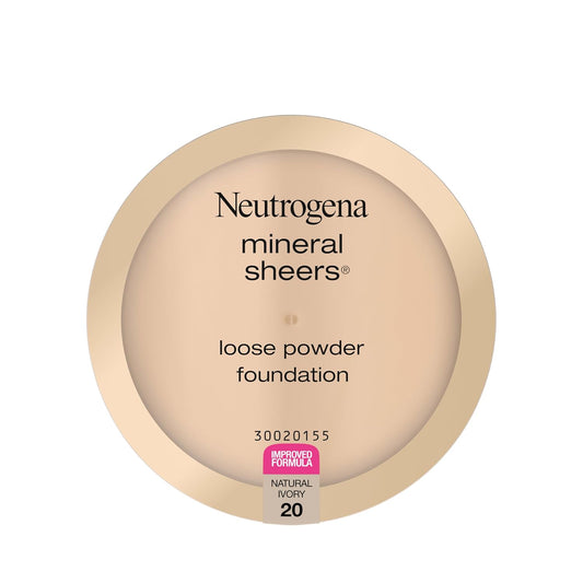 Neutrogena Mineral Sheers Loose Powder Makeup Foundation, Lightweight Face Makeup, Sheer to Medium Buildable Coverage, Sensitive Skin Foundation with Vitamins A, C, & E, Natural Ivory 20, .19 oz