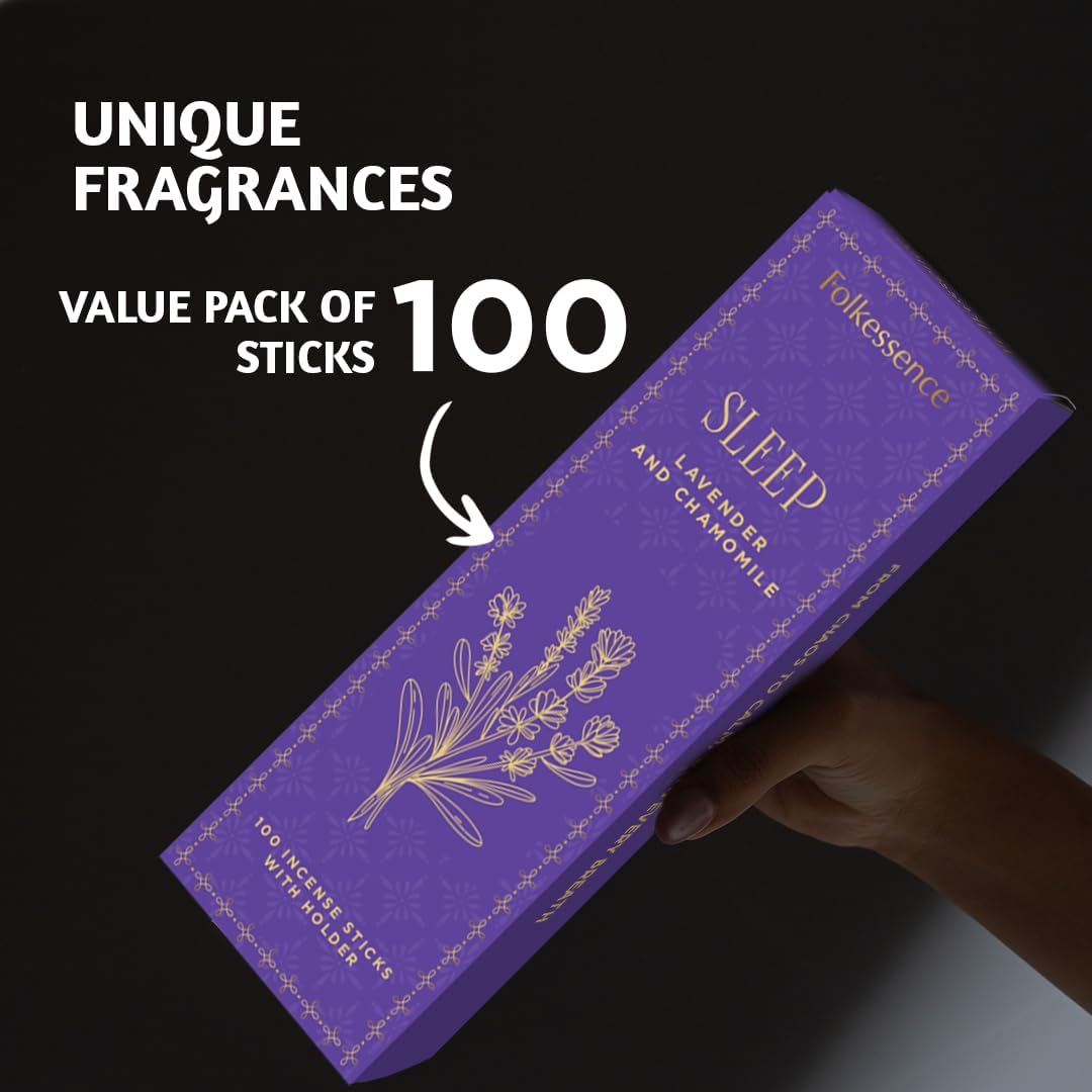 Folkulture Incense Sticks | Set of 100 Insence-Sticks with Holder for Relaxation | Lavender & Chamomile Incense | Organic, Slow Burning & Non Toxic Inscents for Meditation |Relaxing for Sleep