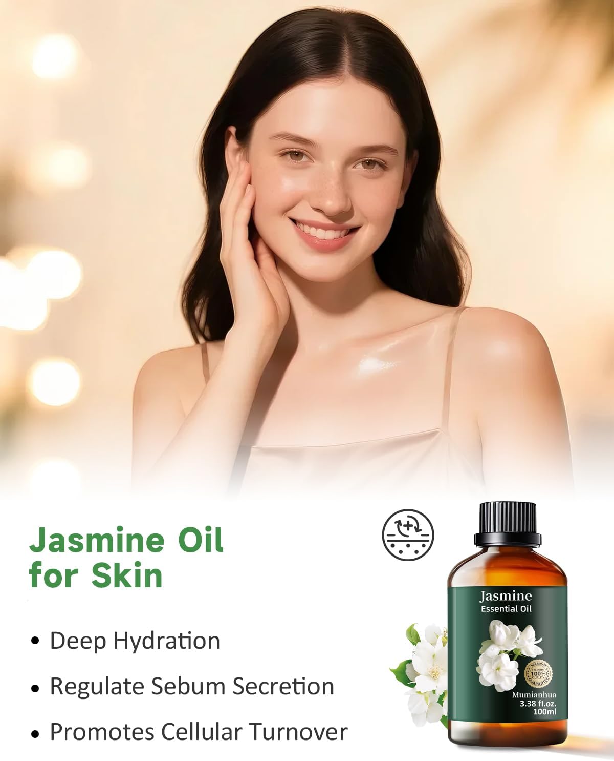 Mumianhua 100% Pure Jasmine Essential Oil Natural Jasmine Oil for Diffuser, Perfume, Shampoo, Aromatherapy, Cleaning, Skin, Hair, Massages, Relax,Candle Making 3.38 Fl Oz