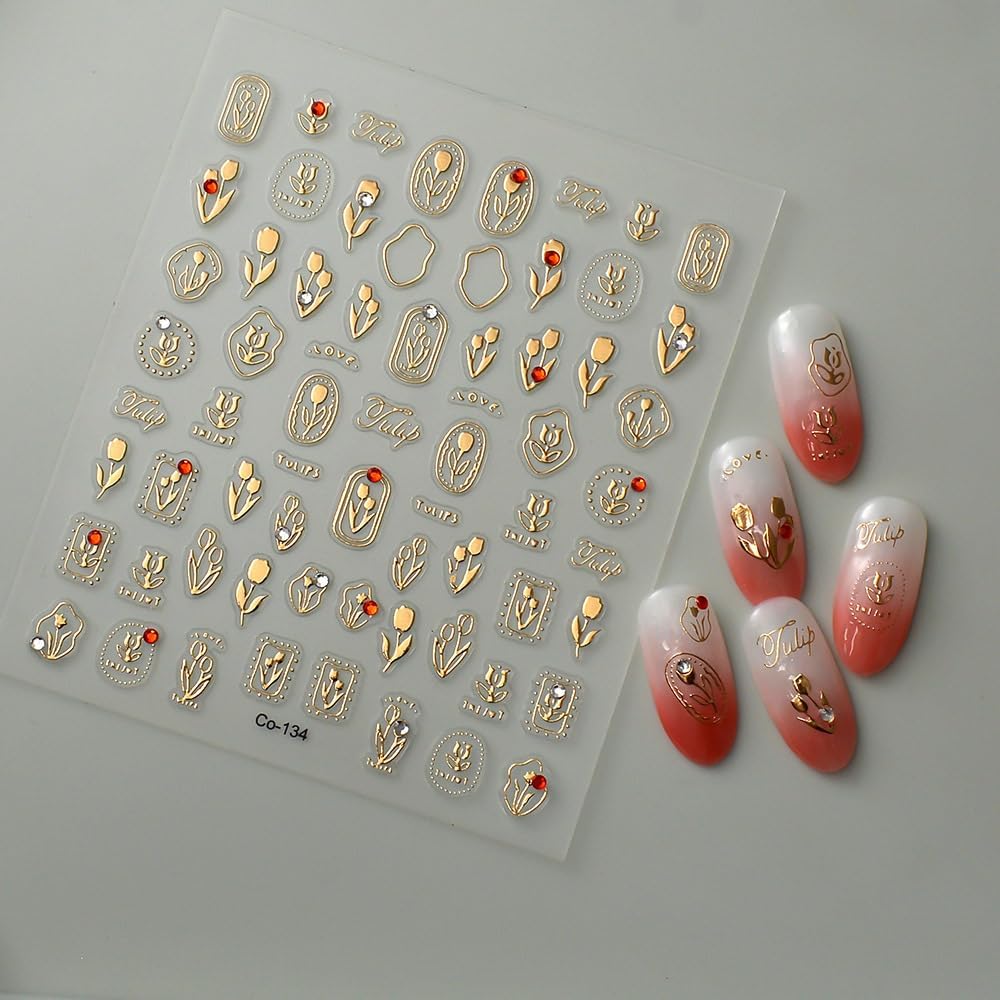 Gold Nail Stickers Flower Nail Decals for Nails Art Tulip Nail Art Stickers with Rhinestone Design 5D Embossed Self Adhesive Nail Decals for Women Girls Kid Manicure DIY Decoration Supply Charms