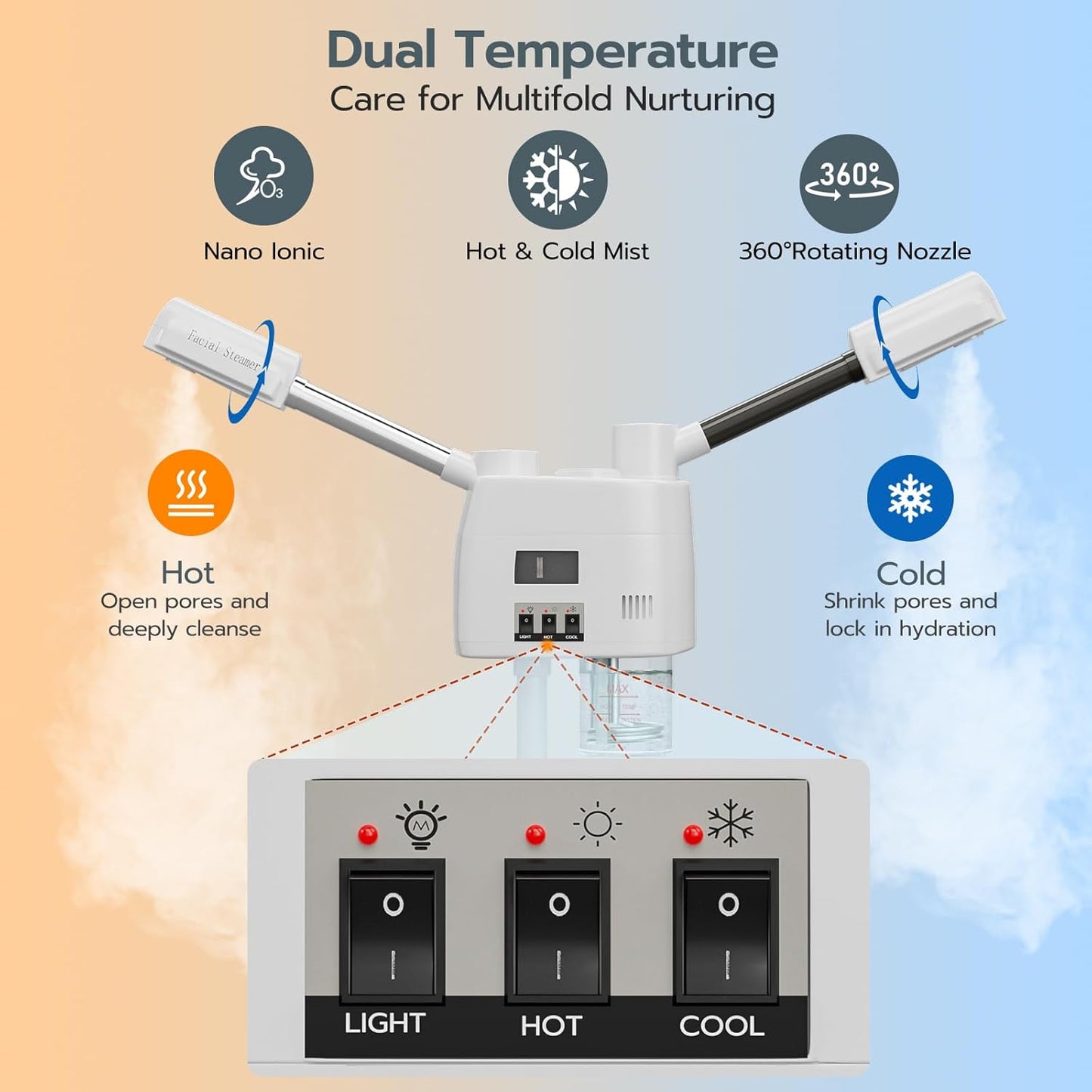 Paddie Professional 3 in 1 Facial Steamer on Wheels for Esthetician, Hot & Cold Mist, 5X LED Magnifying Lamp, White