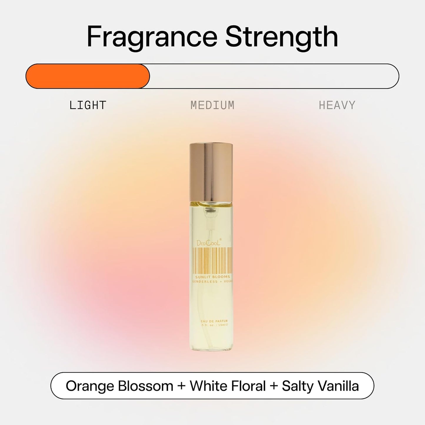 DedCool Eau de Parfum (Sunlit Blooms- 0.5 fl oz) with Notes of Orange Blossom, White Floral, Salty Vanilla, Perfume for Men & Women, Long Lasting, Luxury Fragrance, Non-Toxic, Vegan, Fragrance For All