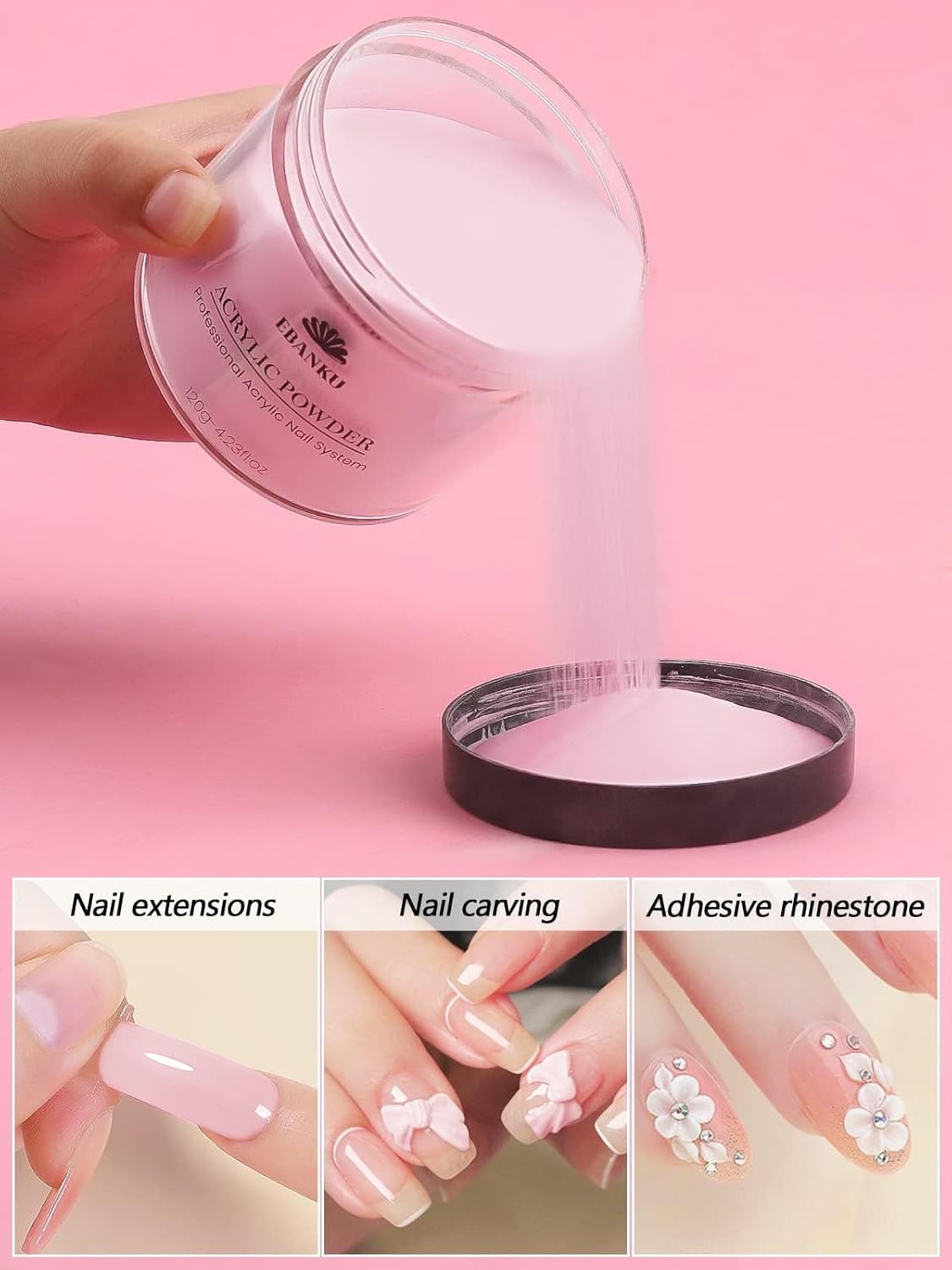 EBANKU Acrylic Powder Pink 120g/4.23oz Acrylic Nail Powder, Long Lasting 3D Fingernail Carving & Nail Extensions, Professional Acrylic Powder for Manicure, No Nail Lamp Needed