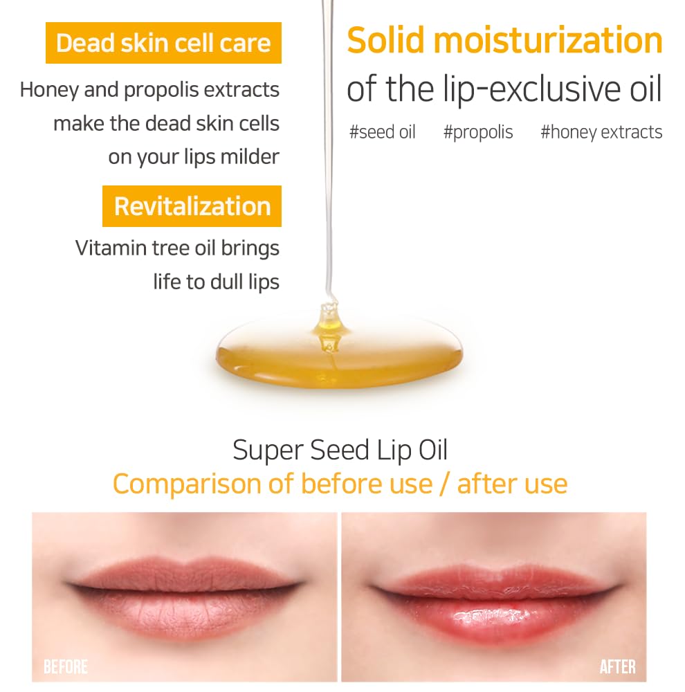 Lip Oil Super Seed | 0.10 Oz | Glass Lip, Healthy Lip Care, Moisturizing Lip Oil with Honey, Propolis, Herbal Oil, Glowy, Revitalizing, Calming Lip, Non-sticky, Non-artificial Colors