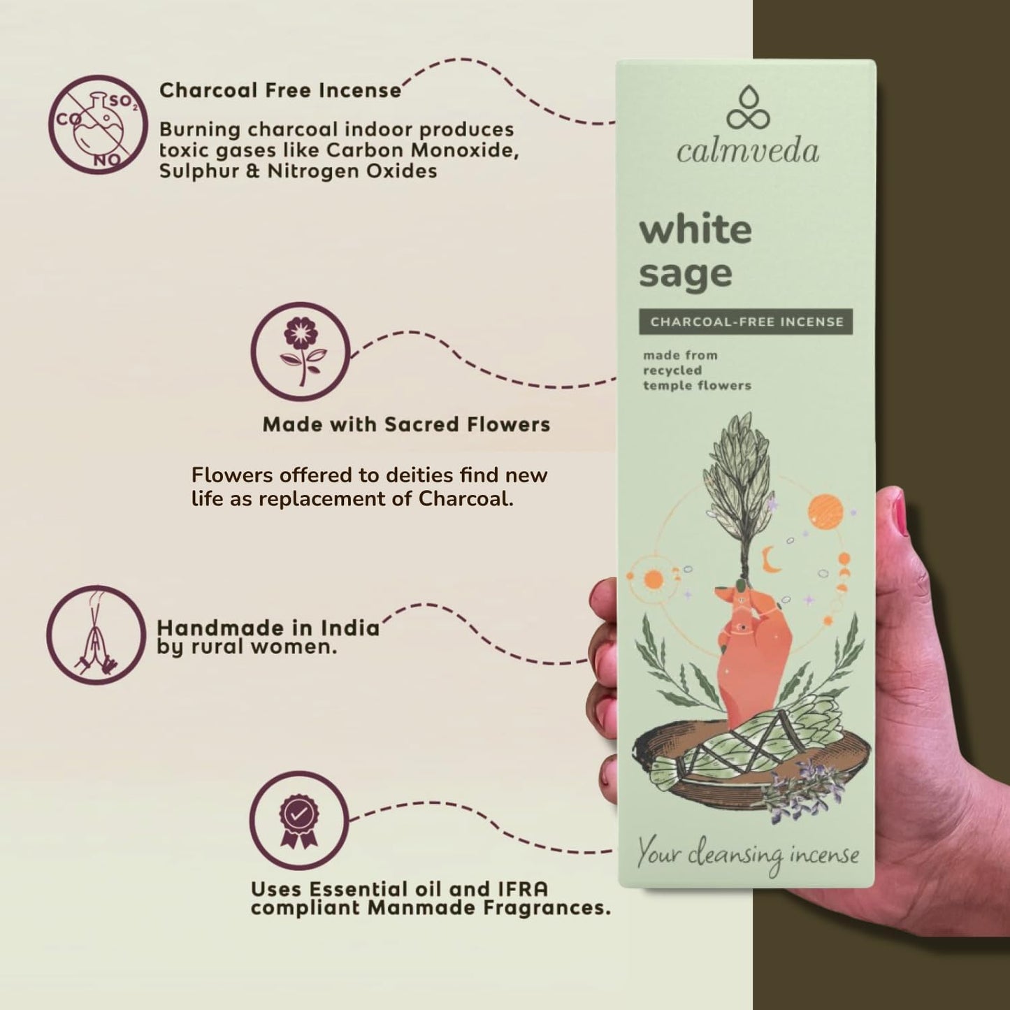 White Sage Incense Sticks for Cleansing - (80 Scent Sticks) Charcoal Free, Made from Upcycled Flowers | Protection Incense to Cleanse Negative Energy