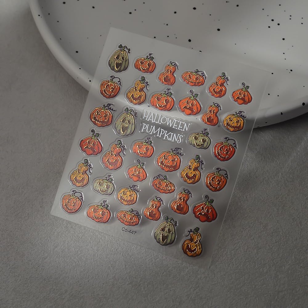 Halloween Nails Stickers Orange Pumpkins Nails Sticker 3D Embossed Horrible Pumpkins Self Adhesive Sticker Nail Decals Green Yellow Nail Art Decal Halloween Decals for Nail DIY Manicure 1Sheet
