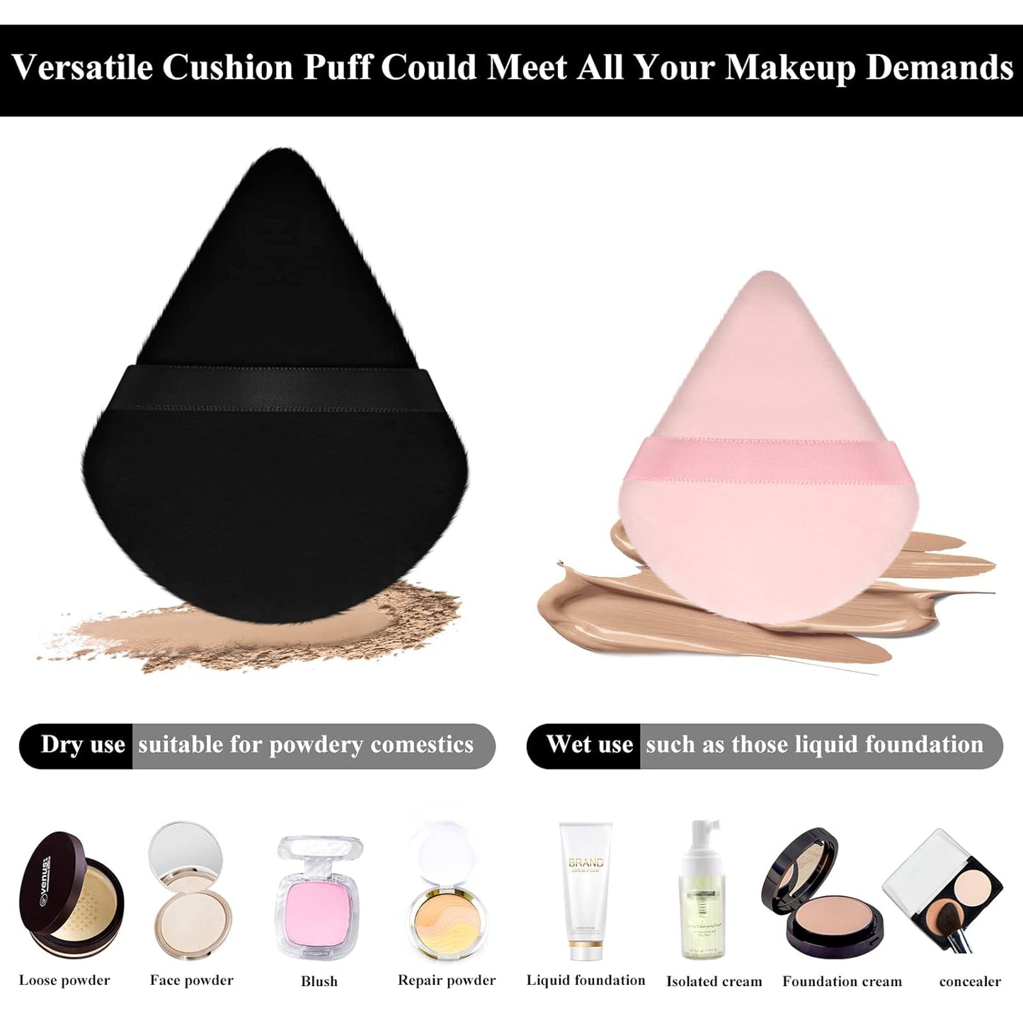 Maitys 12 Pieces Powder Puff Triangle Face Makeup Cosmetic for Loose Powder Soft Body Washable Reusable Foundation Sponge Mineral Wet Dry Makeup Tool for Women(Large, Small,Black, Pink)