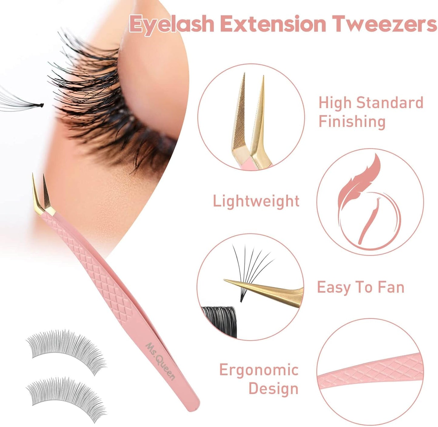 Ms.Queen Volume Tweezers for Eyelash Extensions, Fiber Tip Grip Lash Tweezers for Volume Lashes