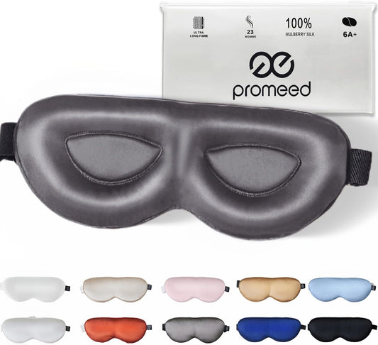 PROMEED Adjustable 100% Mulberry Silk Sleep Mask 23 Momme, 3D Contoured No-Pressure Cup Eye Mask for Sleeping, Super Soft Breathable Blindfold, Perfect Blocks Light for Sleeping (Grey)