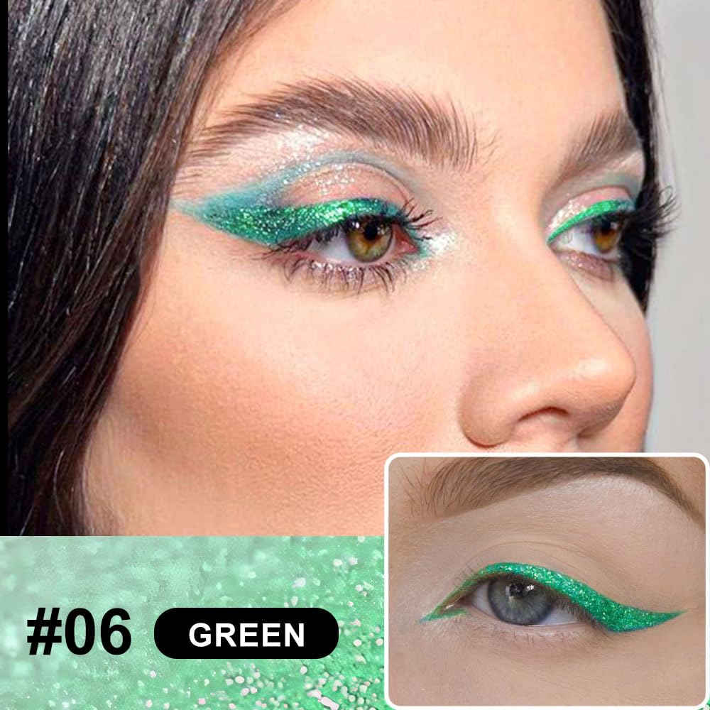 evpct 2Pcs Emerald Dark Green Glitter Shimmer Liquid Eyeliner Eye Shadow Makeup Pencil, Green Face Body Glitter Fake Eyelashes Lashes Mascara Accessories, Sparkle Metallic Colored Eyeliner Waterproof