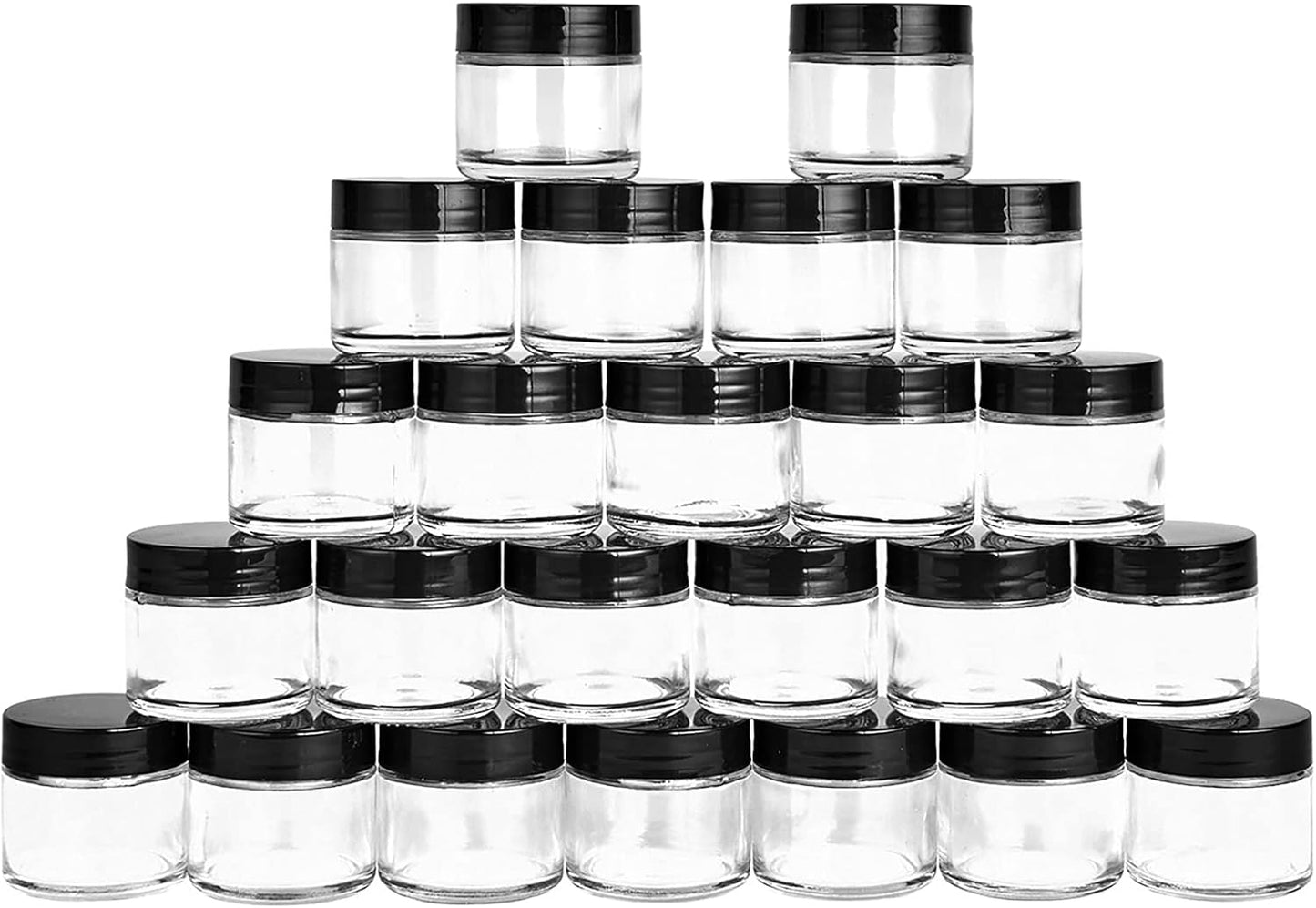 2oz Glass Jars 24 Pack, Hoa Kinh Mini Round Clear Glass Jars with Inner Liners and Black Lids, Perfect for Storing Lotions, Powders and Ointments