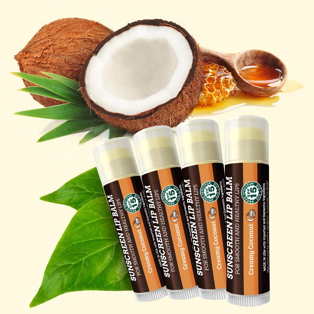 Earth's Daughter SPF Coconut Lip Balm 4-Pack - Lip Sunscreen, SPF 15, Organic Ingredients, Beeswax, Coconut Oil, Vitamin E - Hypoallergenic, Paraben Free, Gluten Free, New