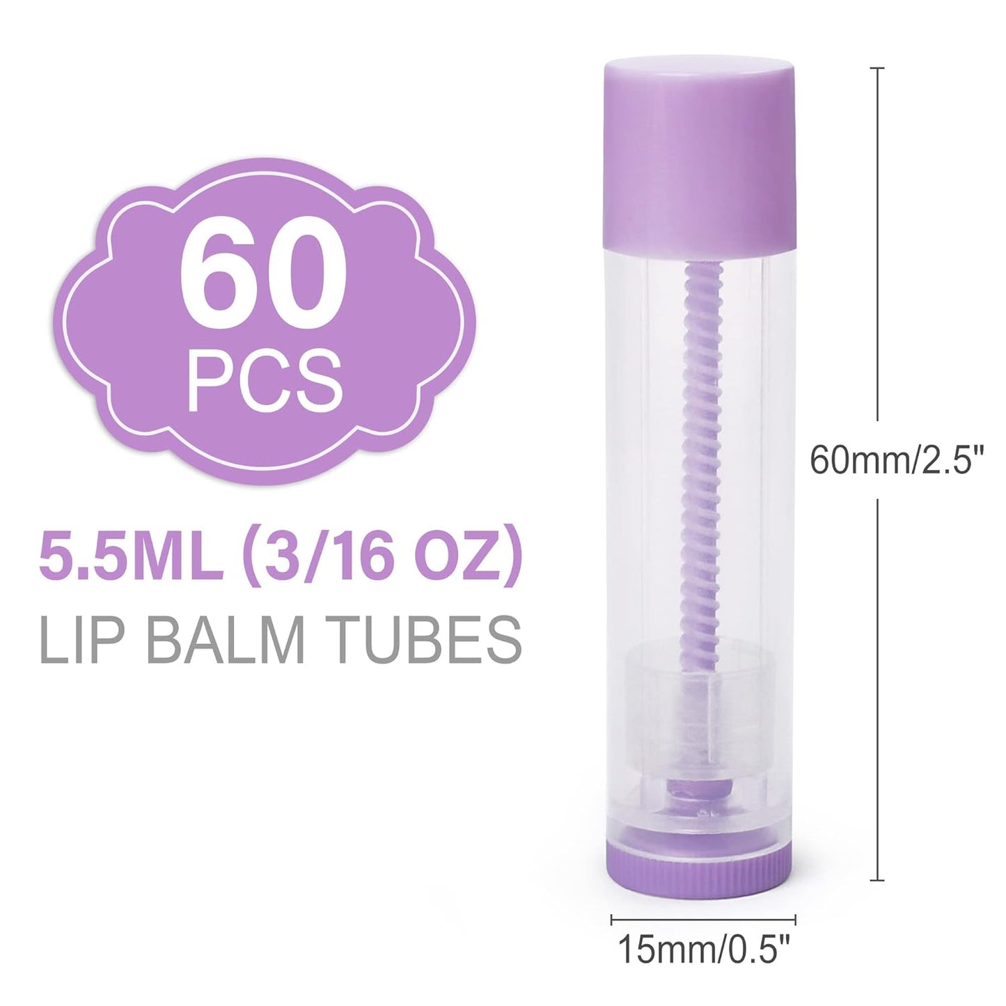 LotFancy Lip Balm Tubes Empty, 60PCS 5.5ml (3/16 Oz), Clear Lip Balm Container Tubes with Purple Caps, BPA Free & Leak Free, Refillable
