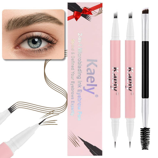 evpct 2Pcs Brown Magic Microblading Dual-Ended Eyebrow Contouring Pen Brow Pencil, with 4 Brush Micro-Fork-Tips Applicator and Precise Brush-Tip, Hair Like Strokes, with Dual-ended Eyebrow Brush