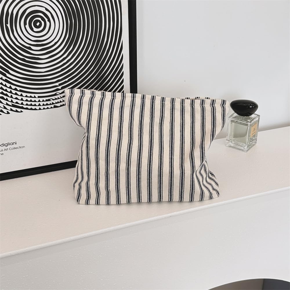 PAZIMIIK Makeup Bag Large Cotton Zipper Pouch for Purse Travel Canvas Make Up Organizer for Women Cosmetic,Vintage Stripe Navy Blue