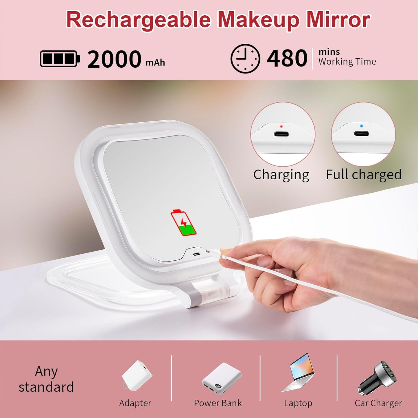 DESCHEN Rechargeable Travel Makeup Vanity Mirror with Lights and Magnification, Portable 1X/10X Magnifying Mirror with 3 Color Light, Lighted Makeup Mirror with Magnification, Folding LED Desk Mirror