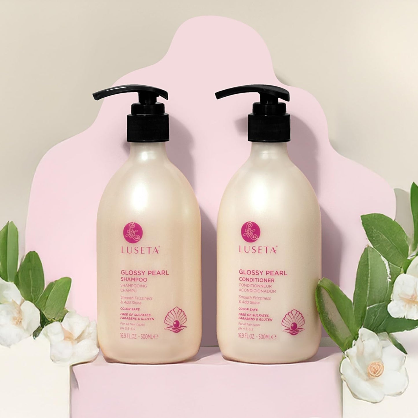 Luseta Glossy Pearl Shampoo and Conditioner Set Smooth & Moisturize, Fight Frizziness and Add Shine,Hydrating for Damaged Hair, Detangle,Nourish Strands,Paraben Free, Sulfate Free,16.9oz