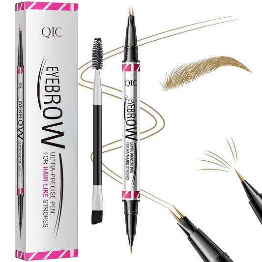 Eyebrow Pencils for Women, 2-in-1 Dual-Ended Microblading Eyebrow Pencil Waterproof with 2 Fork Tip and Spoolie Brush for Hair-Like Natural Brows Eyebrow pen, Non-Dry, Last All-Day (Light Brown)