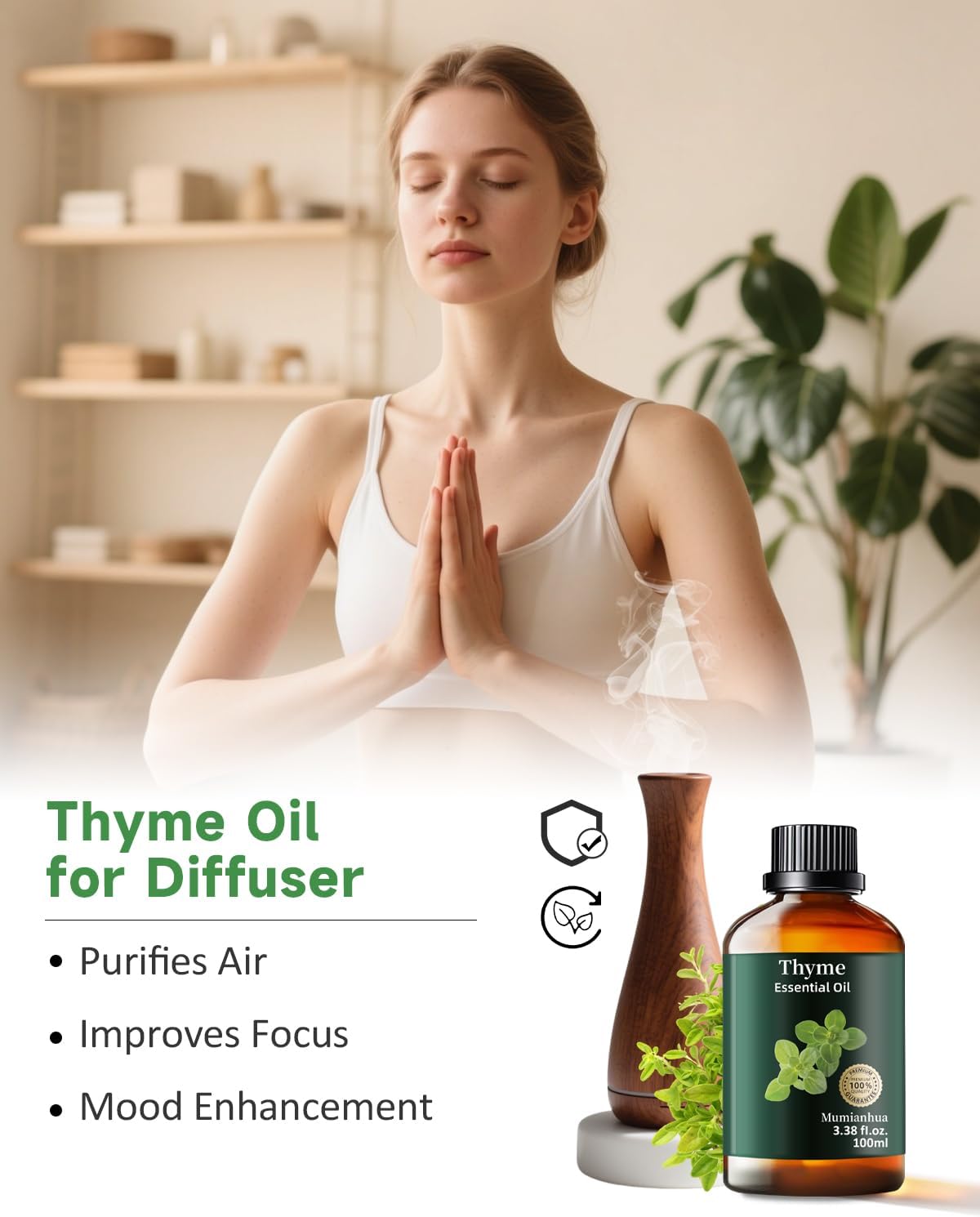Thyme Essential Oil Pure, Mumianhua Natural Thyme Oil, Therapeutic Grade Aromatherapy Oil for Diffuser, Hair Care, Skin, Massage, Soap,Candle Making, Scent DIY 3.38 Fl Oz
