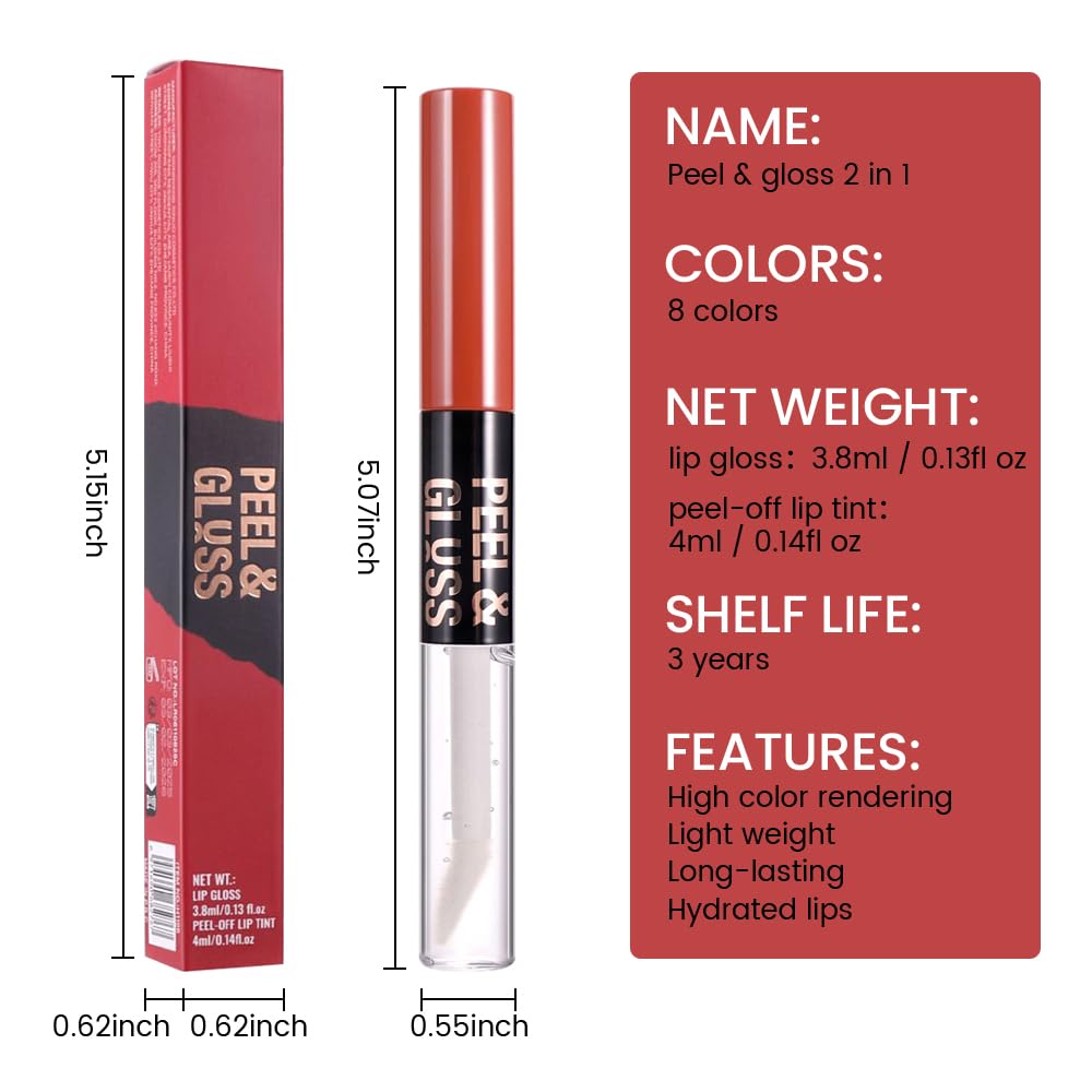 Lip Stain Peel Off Lip Gloss oil Dual-Ended Combo, Raspberry Peach Lips Liner Stain Peel Off Tattoo, Long Lasting & Waterproof, Transfer-Proof Lip Tint Stain with Lip oil for All Skin Type 03#