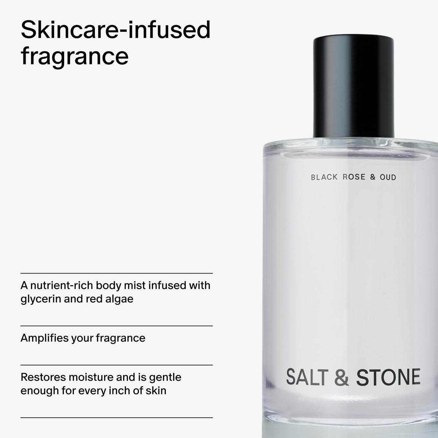 Salt & Stone Body Mist, Black Rose & Oud Scent, Skincare Infused Perfume Hair & Body Spray for Women and Men, Hydrating Fragrance with Glycerin and Red Algae, Vegan, Cruelty Free, 3.4 fl oz