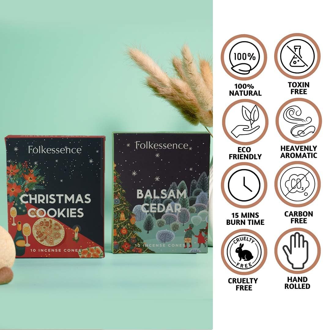 Folkulture Backflow Incense Cones | 20 Pc Incense Cone Scented | 2 Fragrance Cone-Insenses - Christmas Cookie & Balsam Cedar | Natural, Non Toxic | Christmas Inscents-Cones | Relaxing, Meditation