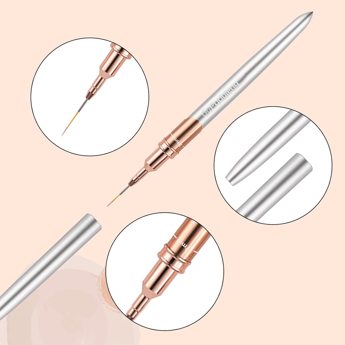 Liner Brush for Nails, 6Pcs Thin Nail Art Brushes Professional Nail Detail Brush for Gel Polish Sizes 5/7/9/11/15/25mm (Silver and Golden)