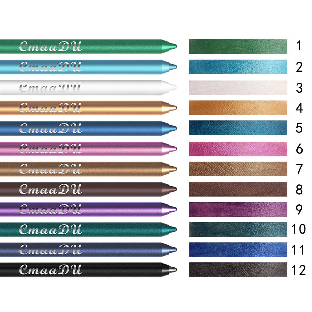 12Pcs Colored Gel Glitter Eyeliner Pencils Set Dark Light Emerald Green Sky Royal Blue Black White Pink Purple Brown Gold Eyeliner Pencils Eye Liner Liquid Liner Waterproof Smudge Proof delineadores