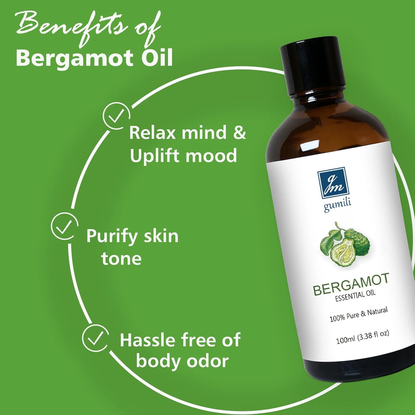 Pure Bergamot Essential Oil for Diffuser, 100% Pure Undiluted - 3.38 Fl Oz 100ml