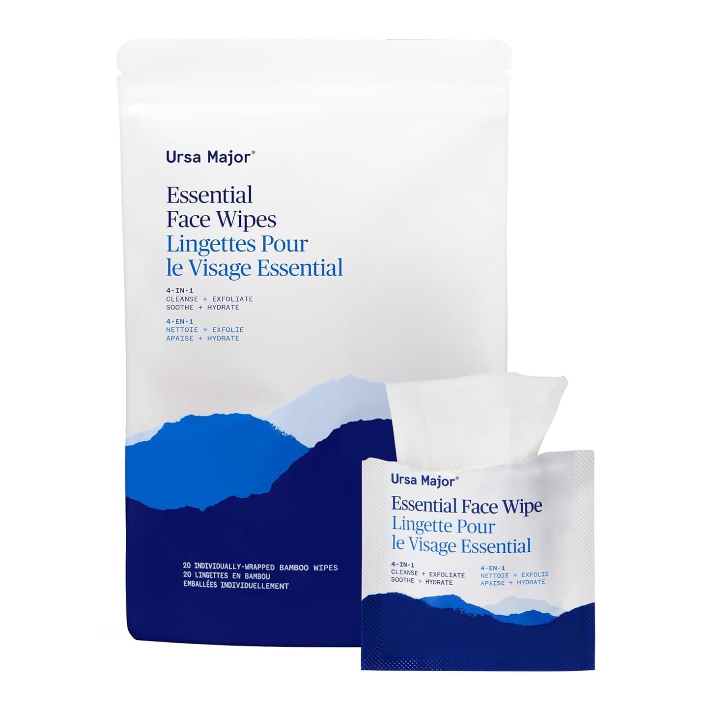 Ursa Major Essential Face Wipes | Natural, Biodegradable, Cruelty-Free | Cleanse, Exfoliate, Soothe and Hydrate | Individually Wrapped | 20 Count