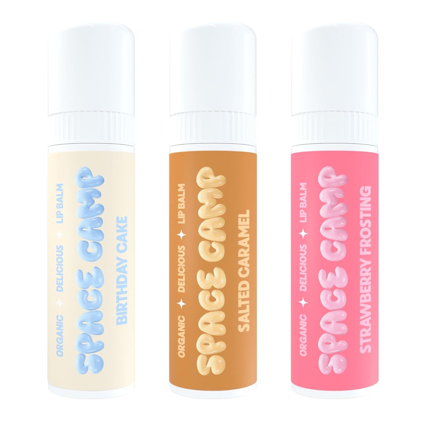 Space Camp Wellness Jumbo Lip Balm - Birthday Pack Variety Flavored Balm (Birthday Cake, Salted Caramel, Strawberry Frosting) - 3 Pack