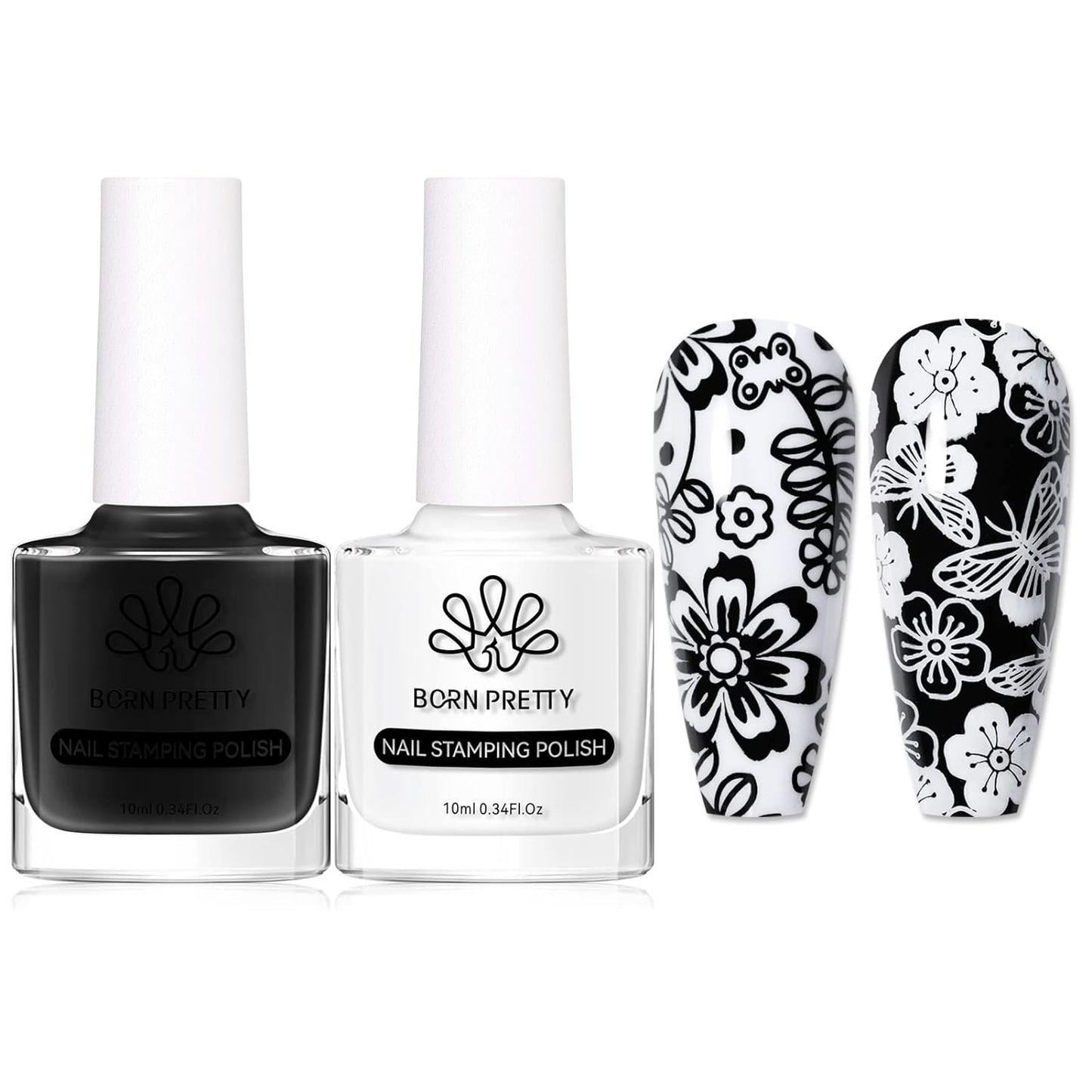 Born Pretty Nail Art Stamping Polish White Black Manicure Image Stamp Polish Set Print Polish Varnish 2 Bottles